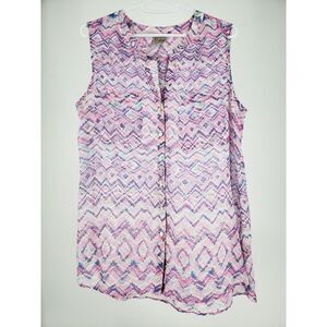 COMO Vintage Size M Sleeveless‎ Lightweight Blouse Top Geometric Full Button Up